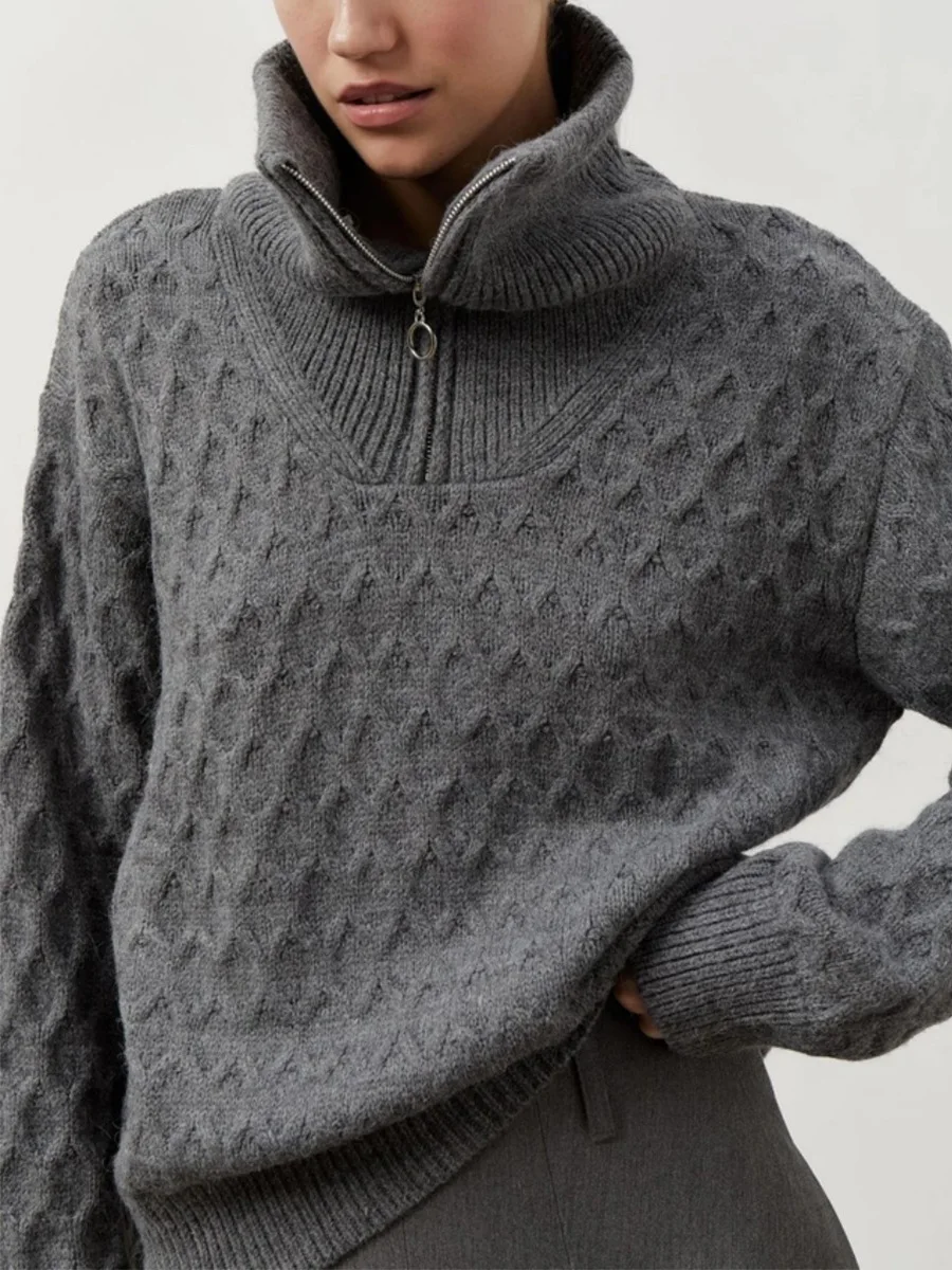 2025 겨울 패션 캐주얼 단색 터틀넥 따뜻한 니트 스웨터 여성용 스트리트웨어 지퍼 라펠