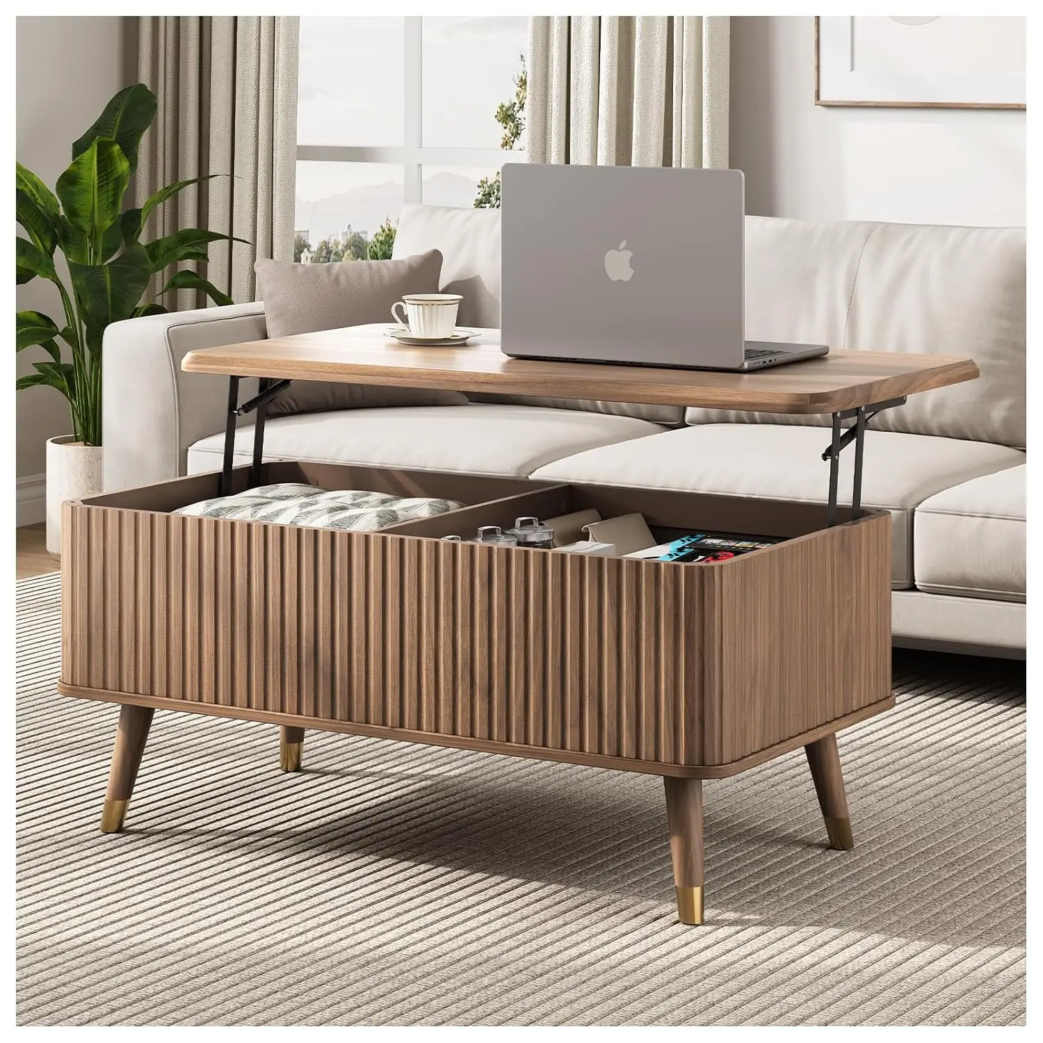

Lift Top Coffee Table with Storage, Mid Century Modern Fluted Wood Design,Pop-Up Walnut Center Table with Hidden, Customized
