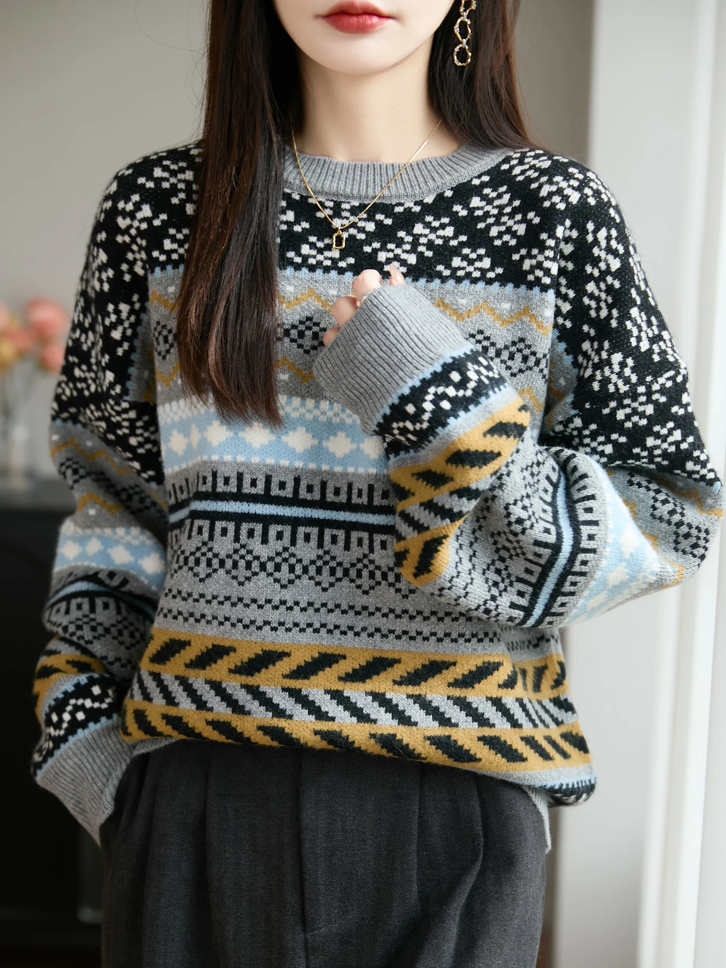 

Elegant Casual Autumn Winter Woman Sweater 30% Merino Wool Knitted Pullover Retro Blouse Cashmere Lady Long Sleeve Clothing Tops