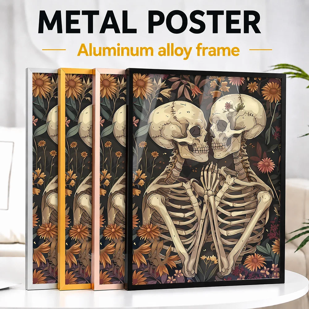Skeleton Couple Embracing Metal Poster With Aluminum Alloy Frame Personalized Surreal Wall Art For Games Room And Home Theater