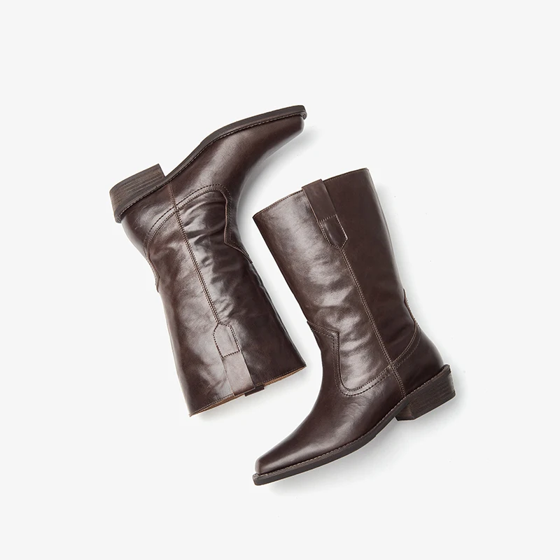 BEAUTODAY Mid-Calf Boots Women Genuine Cow Leather Sewing Design Square Toe Slip-on Retro Ladies Shoes Handmade 06130