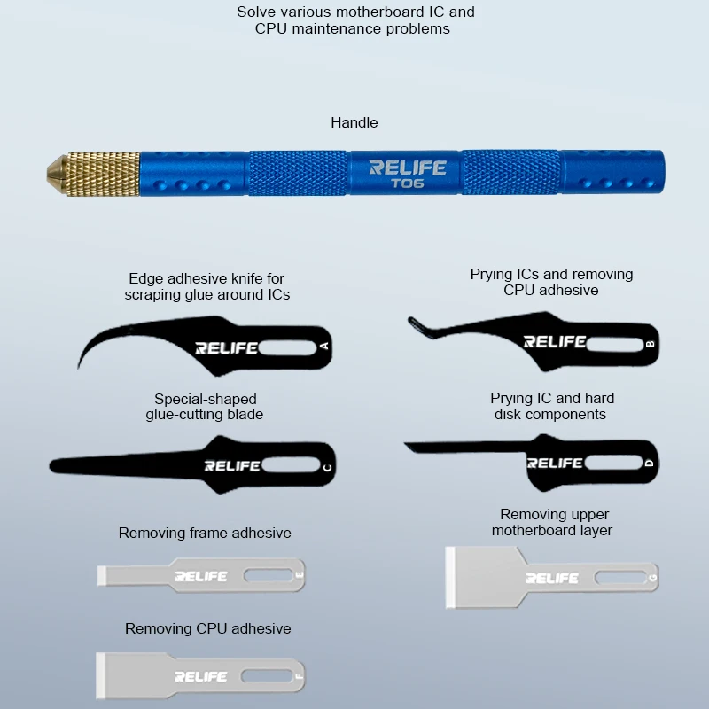 

RELIFE TK5 8-in-1 Multifunctional Blade Set Phone Motherboard Chip Glue Removal Scraping Pry Knife Disassembly Maintenance Blade