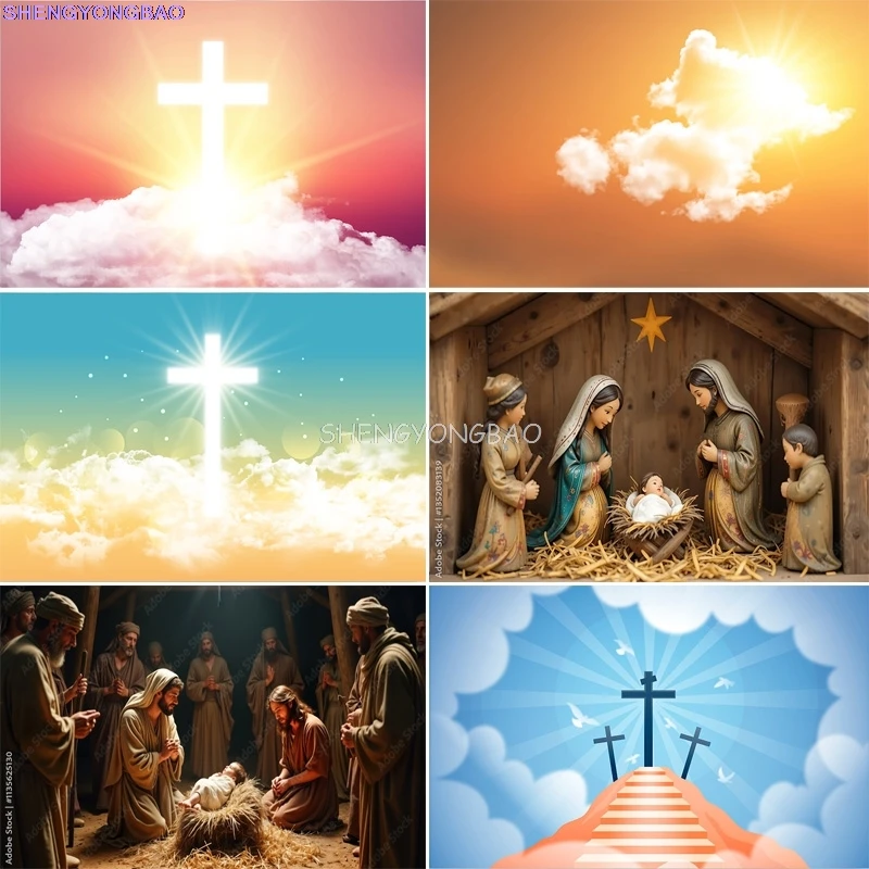 

Manger Nativity Scene Background Mary Joseph Baby Jesus in a Rustic Sunset Shepherds Prayer Faith Photography Backdrops JU-03