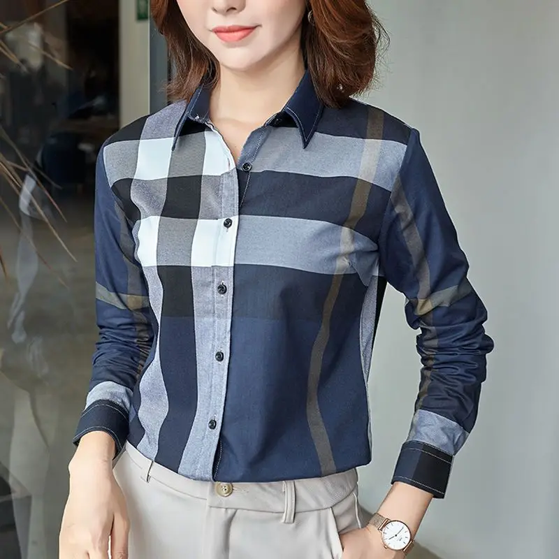 Advanced Plaid Shirt Women\'s Spring and Autumn 2023 New Cotton Casual Small Versatile Top