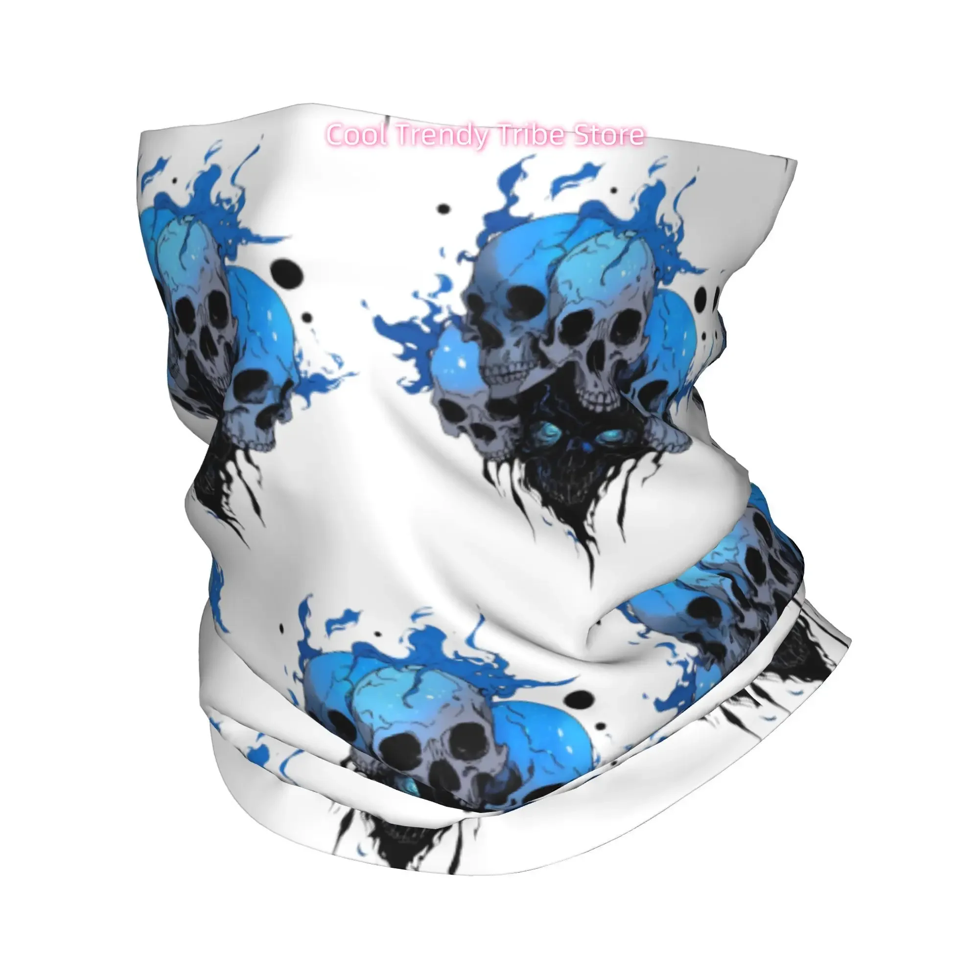 Stacked Blue Flame Skulls Novelty Print Bandana Men Funny Head Scarf Outdoor Fashion Headwrap Gift