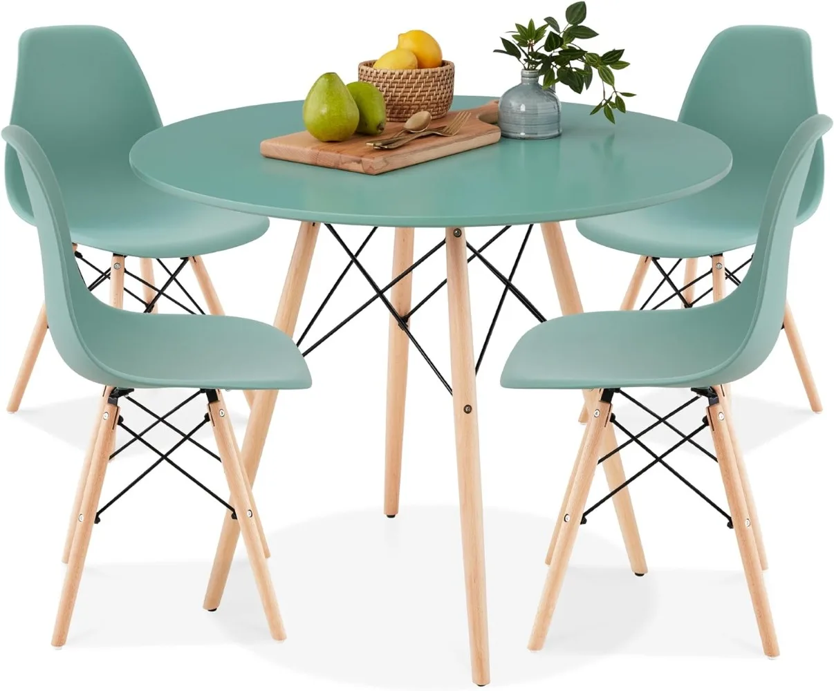 5-Piece Dining Set, Compact Mid-Century Modern Table & Chair Set for Home, Apartment w/ 4 Chairs, Plastic Seats, Wooden Legs