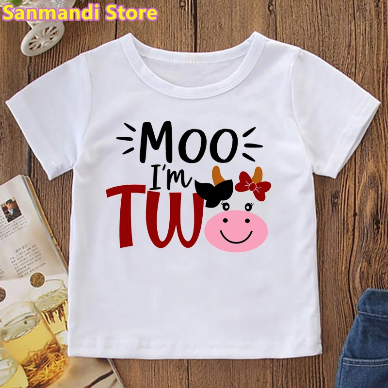 

New Moo I M Two Birthday Girl Print T-Shirt Kawaii Children'S Clothing Funny Tshirt Girl Shirt Summer Tops Fashion T Shirt