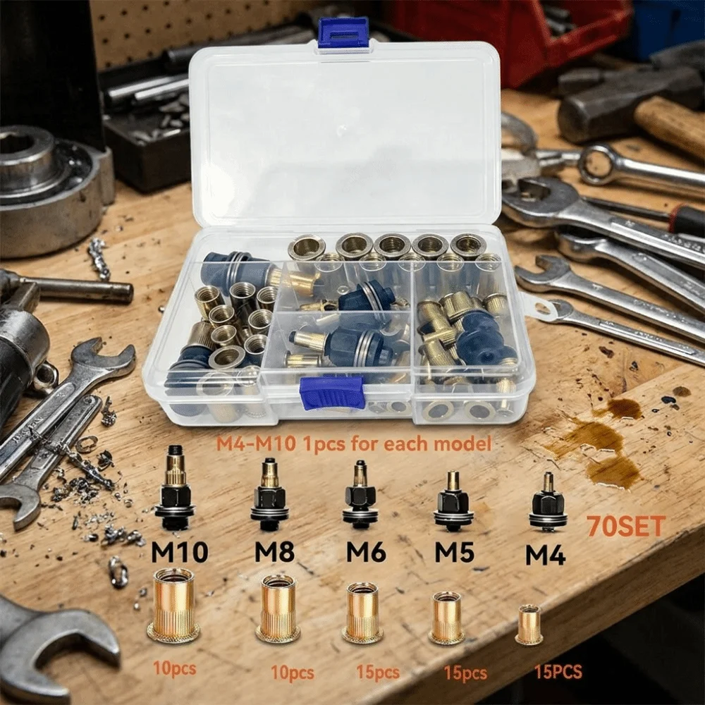 60/70 PCS Carbon Steel Rivet Nut Tool Threaded Head Rivet Nut Threaded Insert Tool Manual Rustproof Rivnut Kit Industrial Use