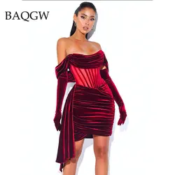 Burgundy Draping Off Shoulder Corset Dress Sexy Velvet Slim Bodycon Mini Dress Women Short Sleeve Evening Dresses with Gloves