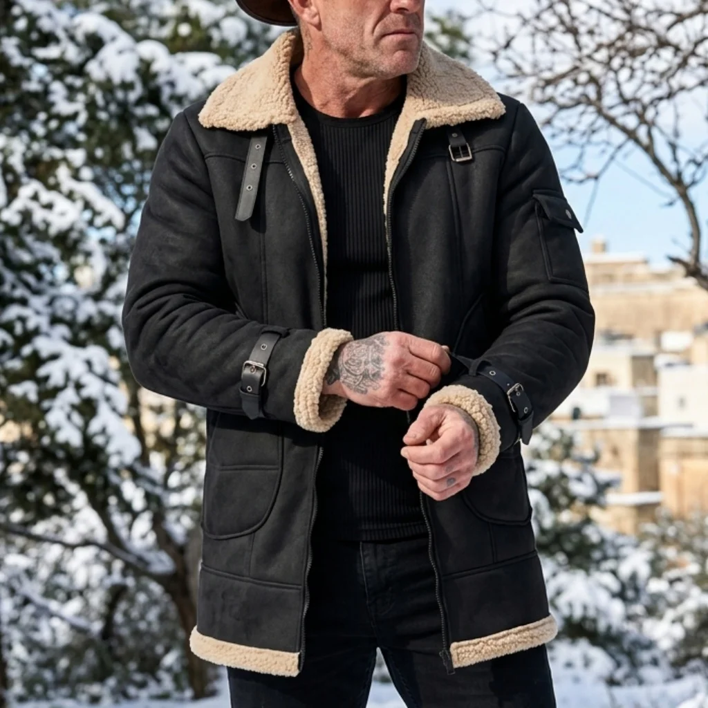 Men Winter Faux Suede Jacket Fleece Lined Outdoor Hiking Coat Windproof Zip Up Belted Casual Thickened Winter Male Outerwear