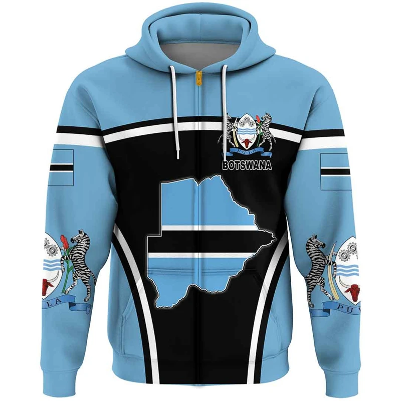 Africa Botswana Map Flag 3D Print Zip Up Hoodie For Men Clothes Patriotic Tracksuit National Emblem Graphic Sweatshirts Male Top