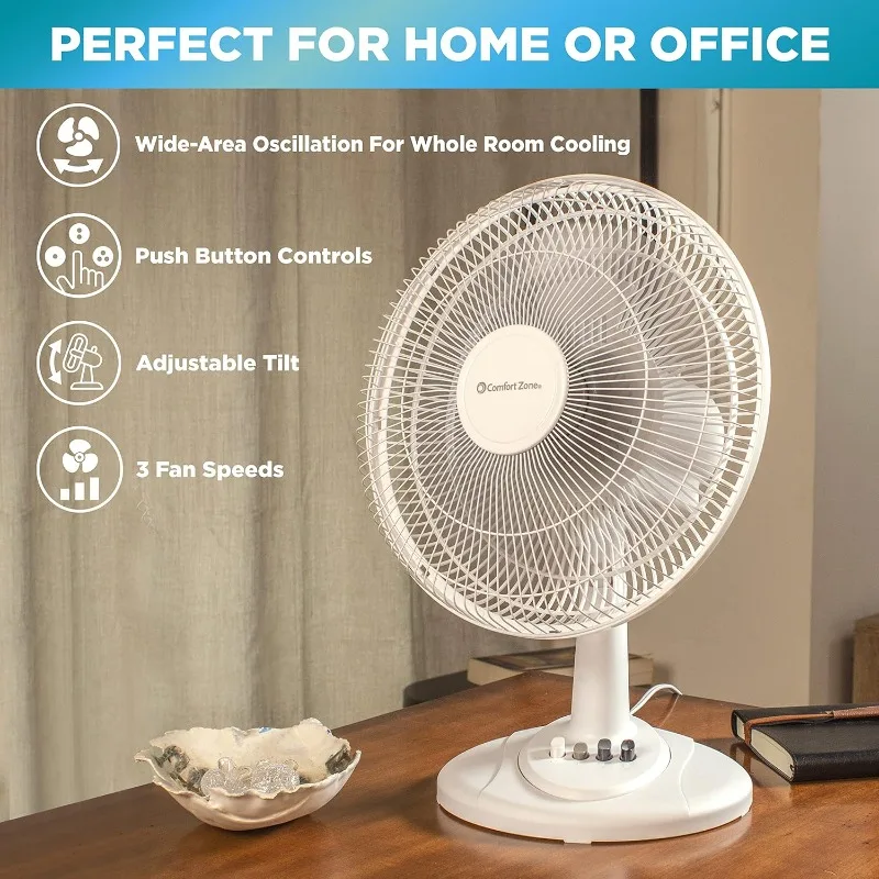 12 inch Table Fan with Adjustable Tilt, Wide Area Oscillation, Quiet Air Circulator Fan For Bedroom, 3 Speed Desktop Fan for