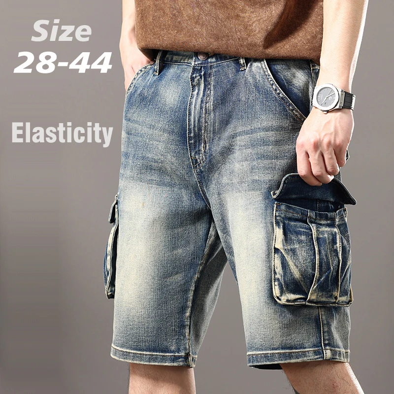 Summer new elastic American retro multi -pocket tools for denim shorts, men\'s pants pants loose, large size three -color