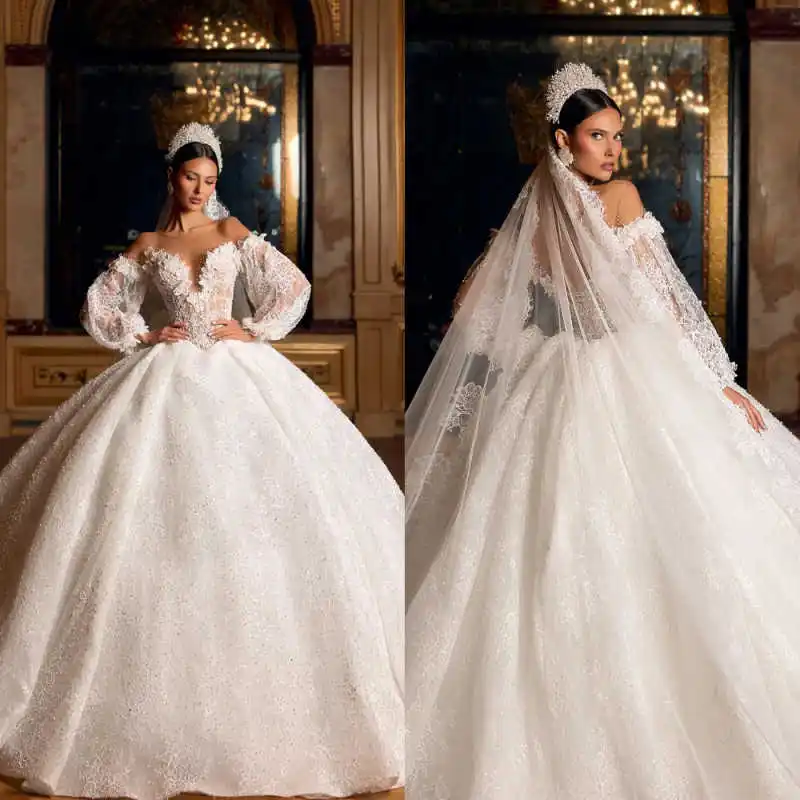 Romantic Off-Shoulder Wedding Dress Puff Sleeves Lace Applique Bridal Gown For Grand Wedding Reception Banquet Customized