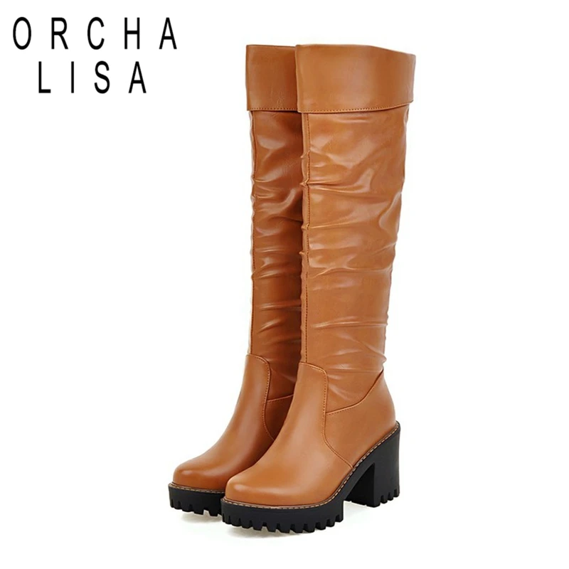 

ORCHALISA 2024 New Classic Knee Boots Round Toe 8.5CM Block Heels 3cm Platform Slip On Faux Leather Plus Size 42 43 US12 Fashion