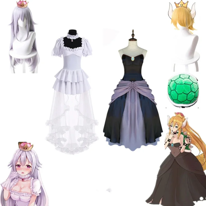 Anime Boosette Cosplay Costume Bowsette Cosplay Princess Koopa White Long Dress Ball Gown Retro Medieval Dress Halloween NSD232