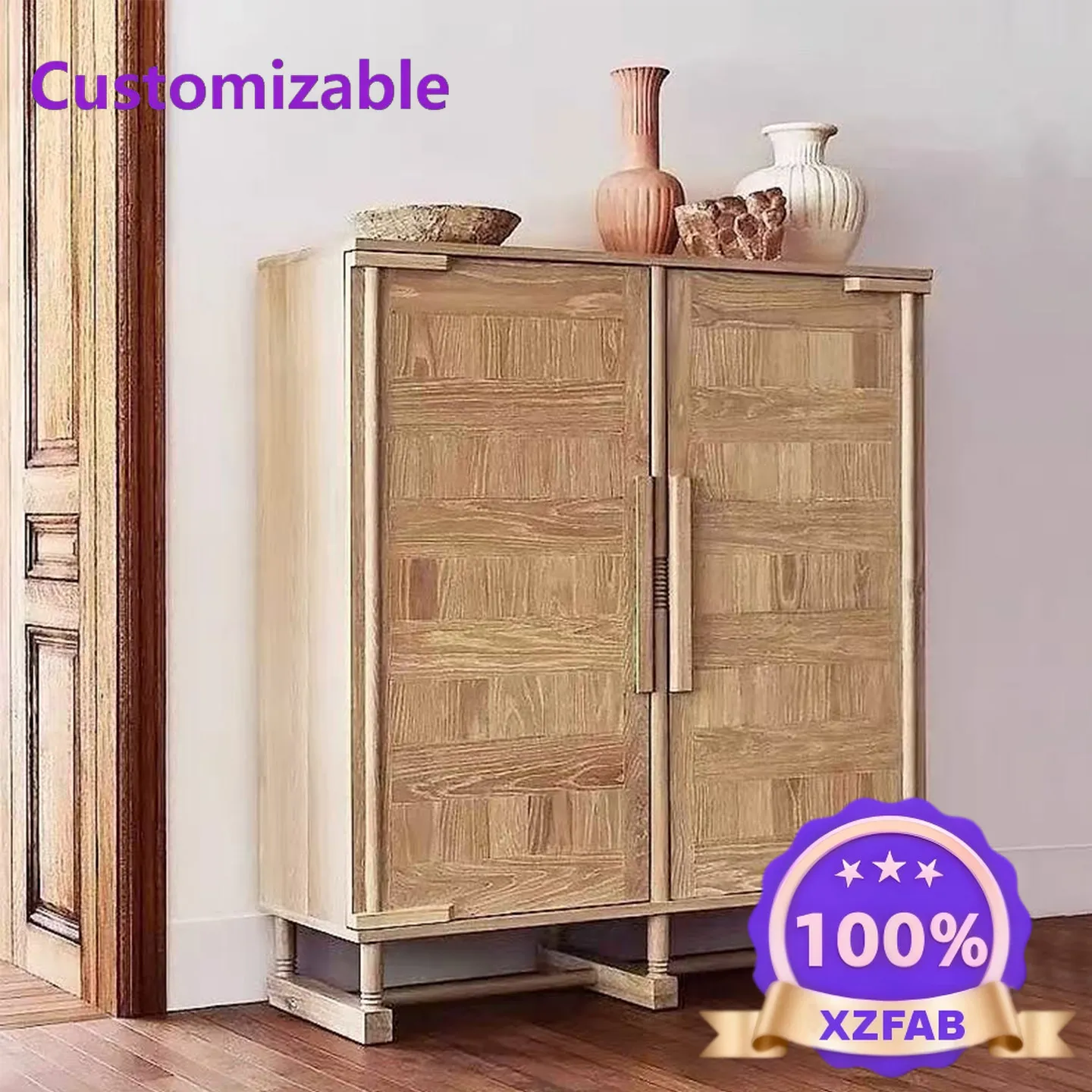 Factory Direct 2026 French retro solid wood dining side cabinet wabi-**** wind locker American country living room high cabinet