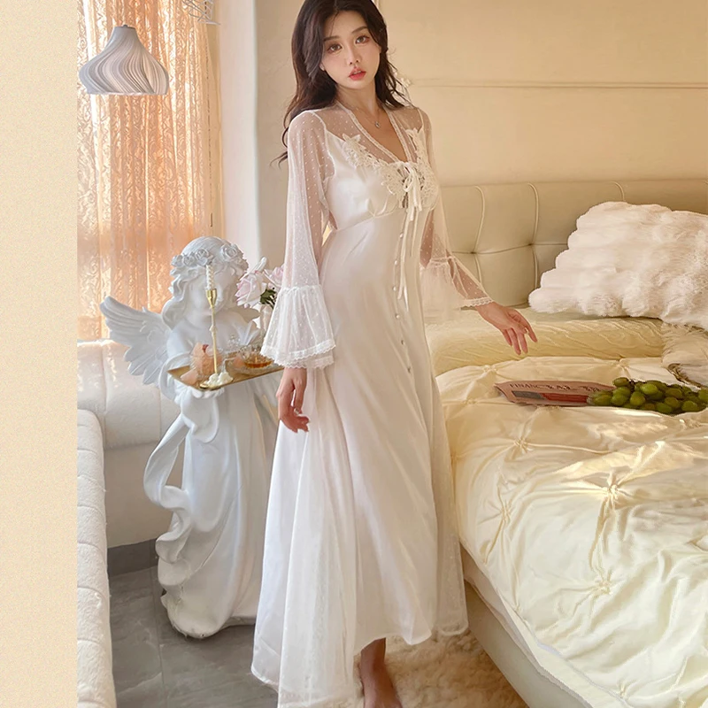 Women\'s Nightdress Summer Sexy Lace Patchwork Long Sleeve Ladies Nigthgown V Neck Silk Like Sleepwear Satin Night Dress Female