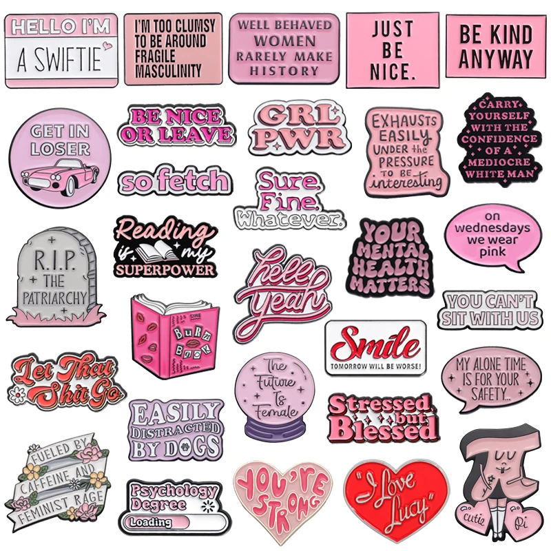 31Styles Pink English Letters Enamel Pins Cartoon Heart Geometry Feminist Brooches Badge Fashion Jewelry Gifts For Girls Women