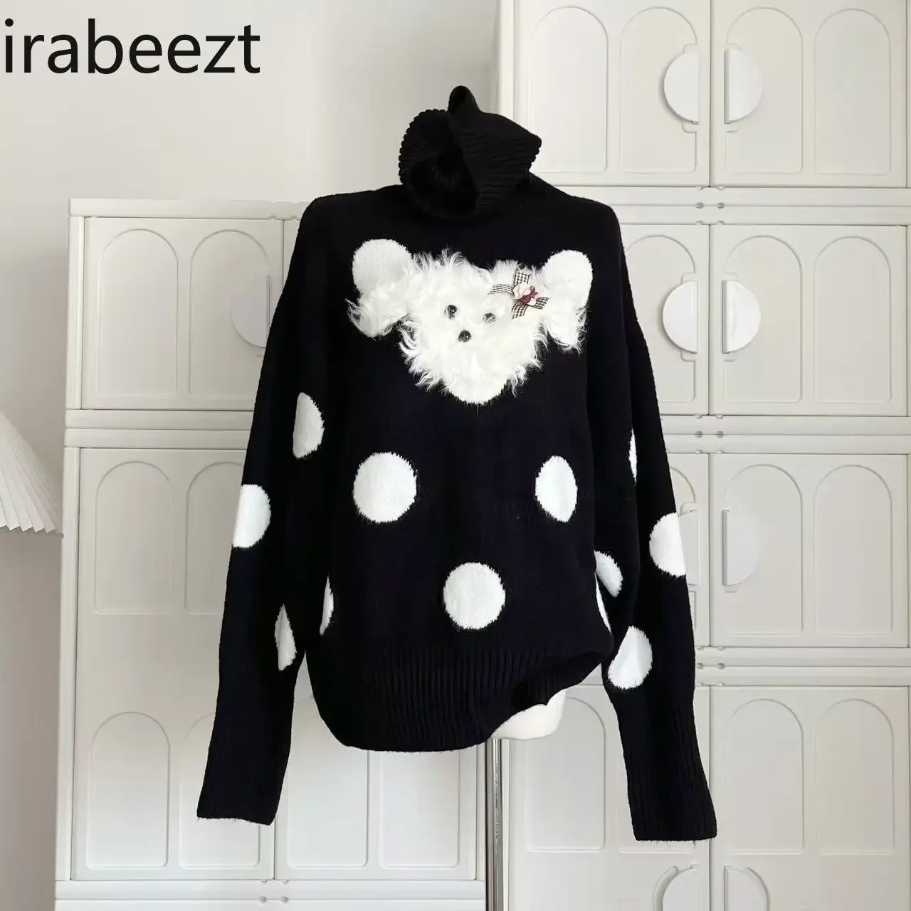 Polka Dot Puppy Turtleneck Sweater Women's Autumn and Winter Design Korean Style Cute Loose Warm Pullover Top