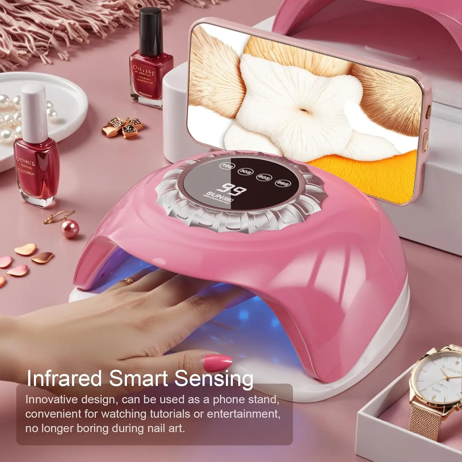 مصباح أظافر LED وردي بالأشعة فوق البنفسجية مع شاشة تعمل باللمس، 4 مؤقتات، قاعدة قابلة للفصل وخرز ضوء مزدوج - علاج جل سريع