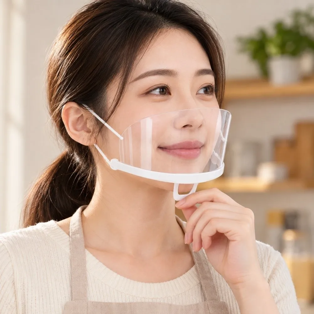 10Pcs Plastic Cover Food Grade Clear Mouth Shield Reusable Transparent Catering Mask Adjustable Anti Fog Smile Mask Kitchen Use