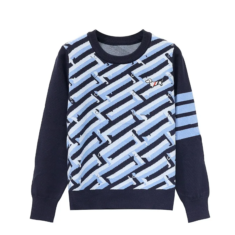 Maglieria da donna con ricamo a righe per cani, girocollo, pullover a maniche lunghe, maglioni azzurri e blu royal all'ingrosso