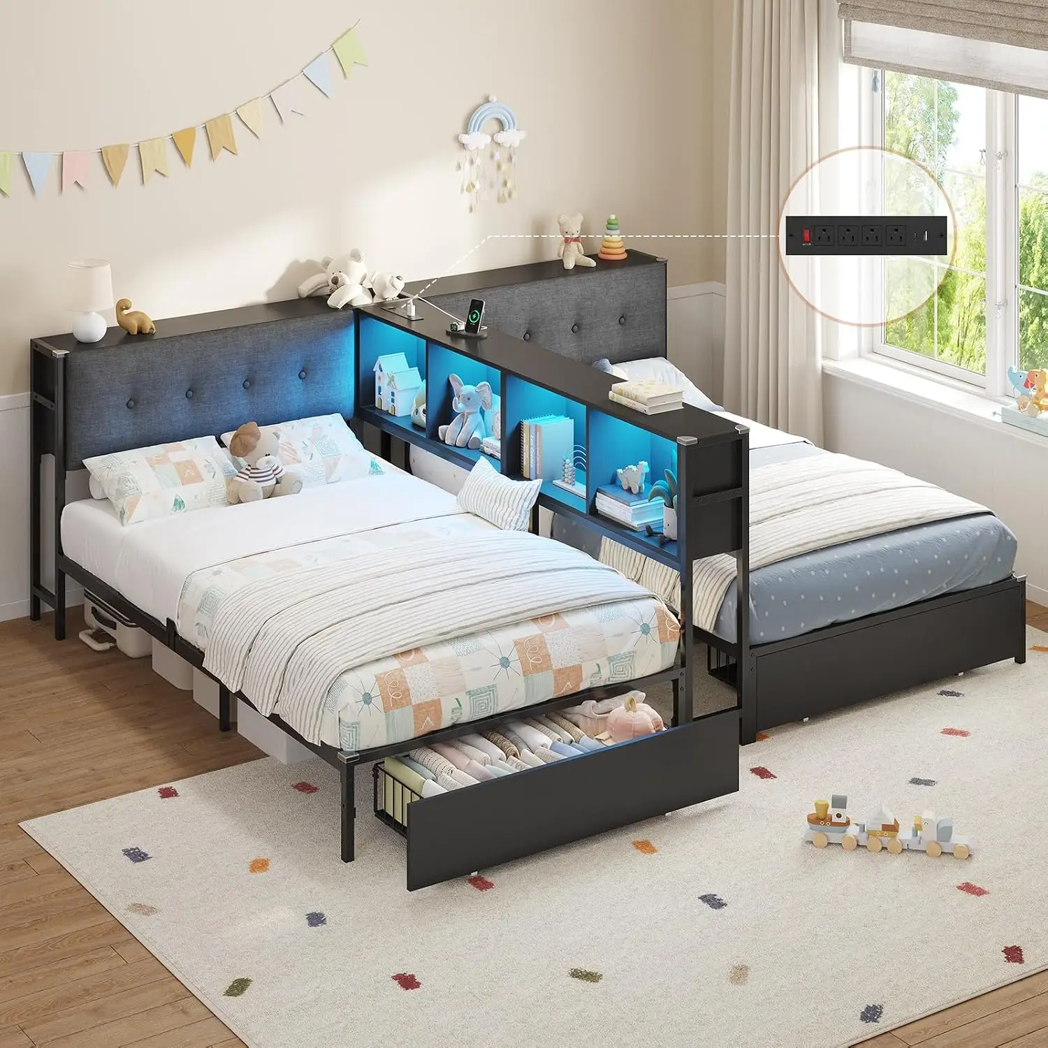 Twin Beds for 2 Kids with Storage Bookcase Divider, Charging Station and LED Lights, Double Twin Bed with 2 Large, Customized
