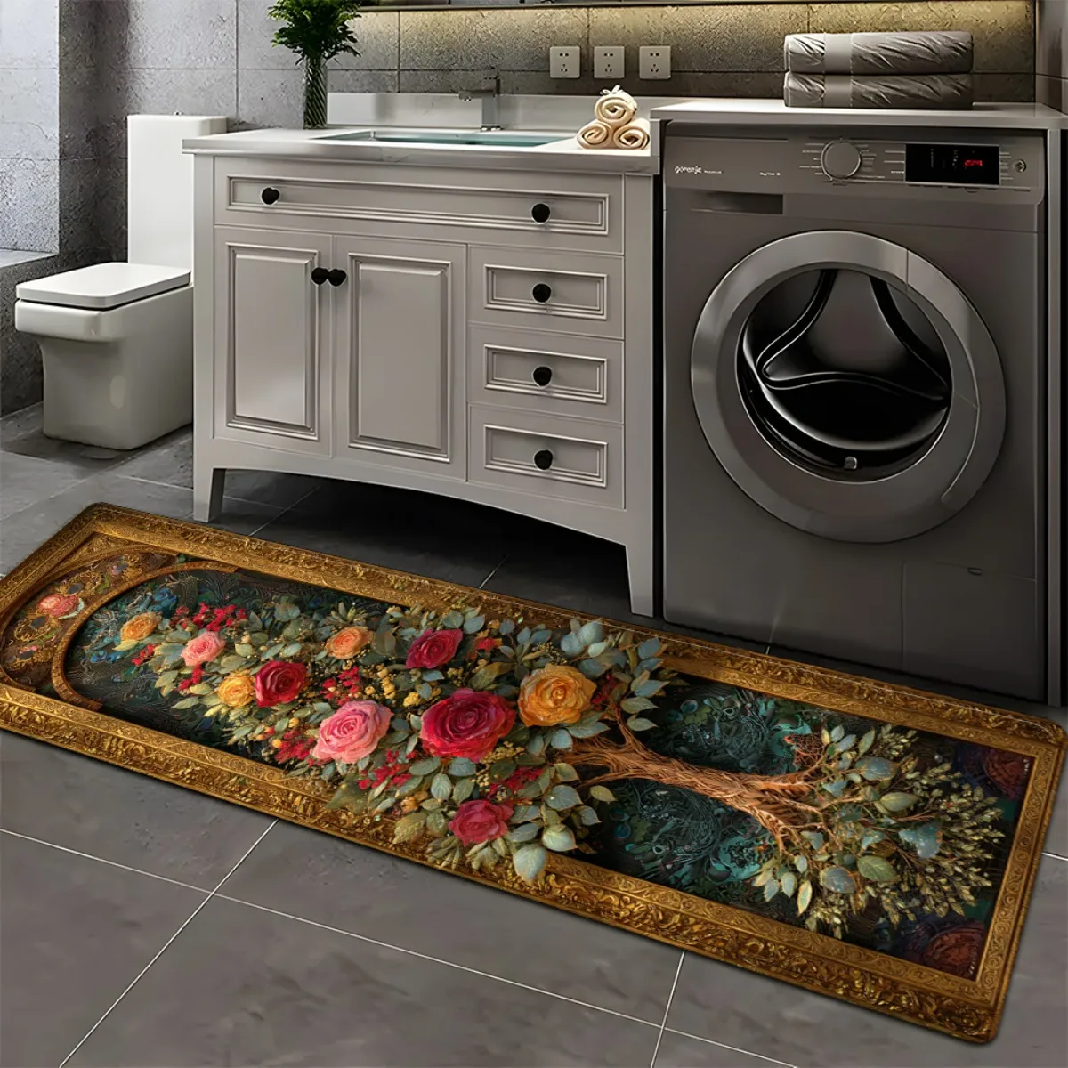 Vintage Frame Floral Runner Mat Anti Slip Washable Dark Back Tree Rose Oil Painting Decor Rug for Kitchen Bedroom Bathroom Floor