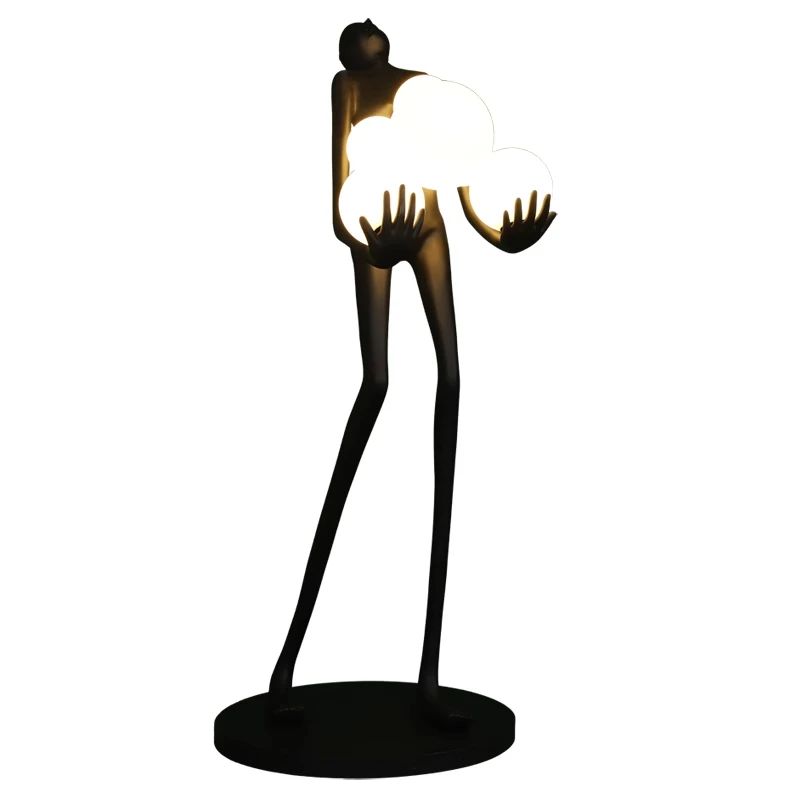 Nordic humanoid sculpture floor lamp, long arm ball design exhibition hall ornament, living room sofa lamp