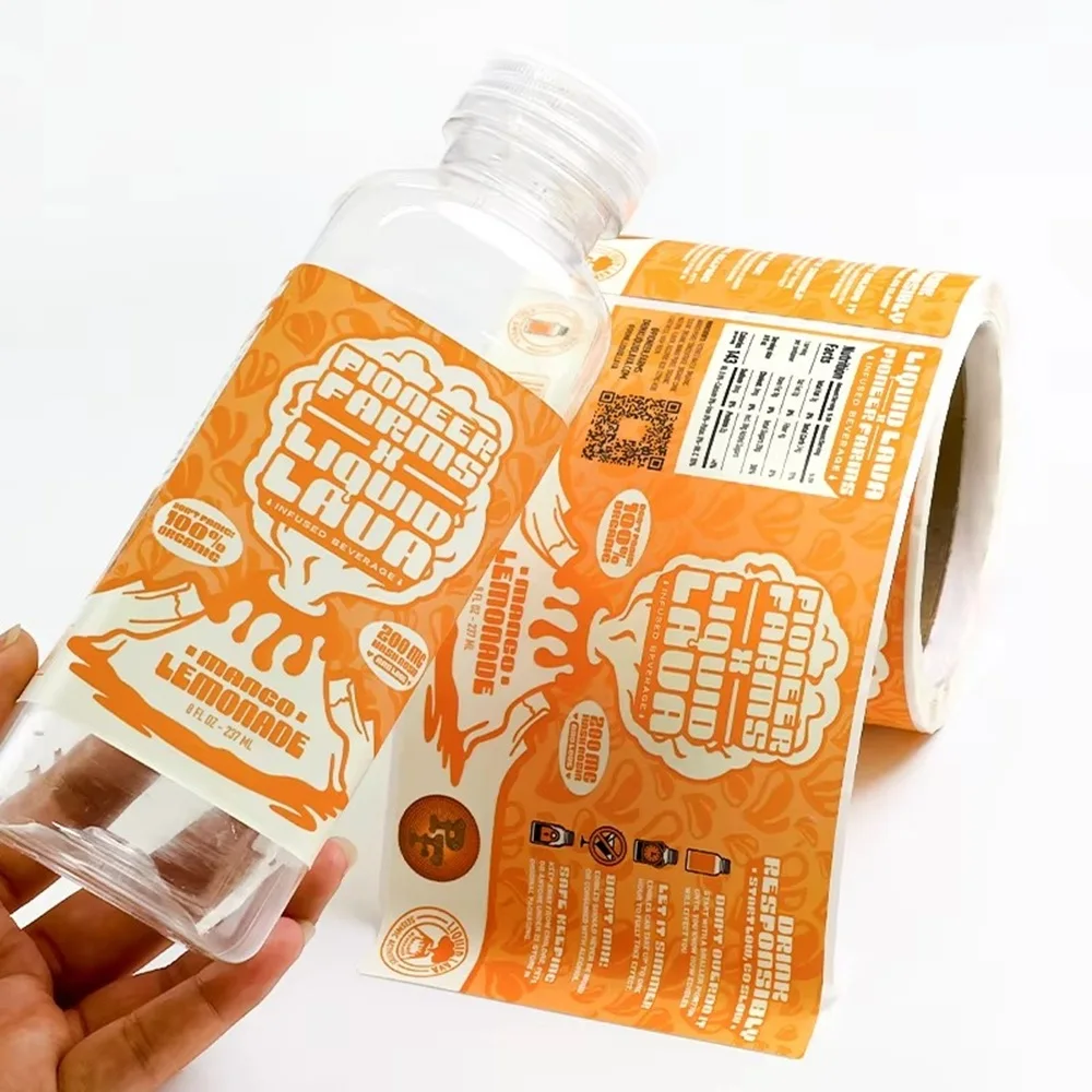 ملصقات فينيل شفافة مخصصة | ملصقات زجاجات المشروبات والعصير المقاومة للماء | ملصقات تغليف شعار العلامة التجارية الشخصية