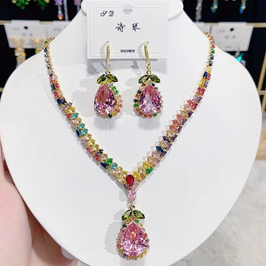 

Fashionable trendy zircon luxury jewellery necklace for woman jewelry sets Women's earrings colorful water droplet earrings set