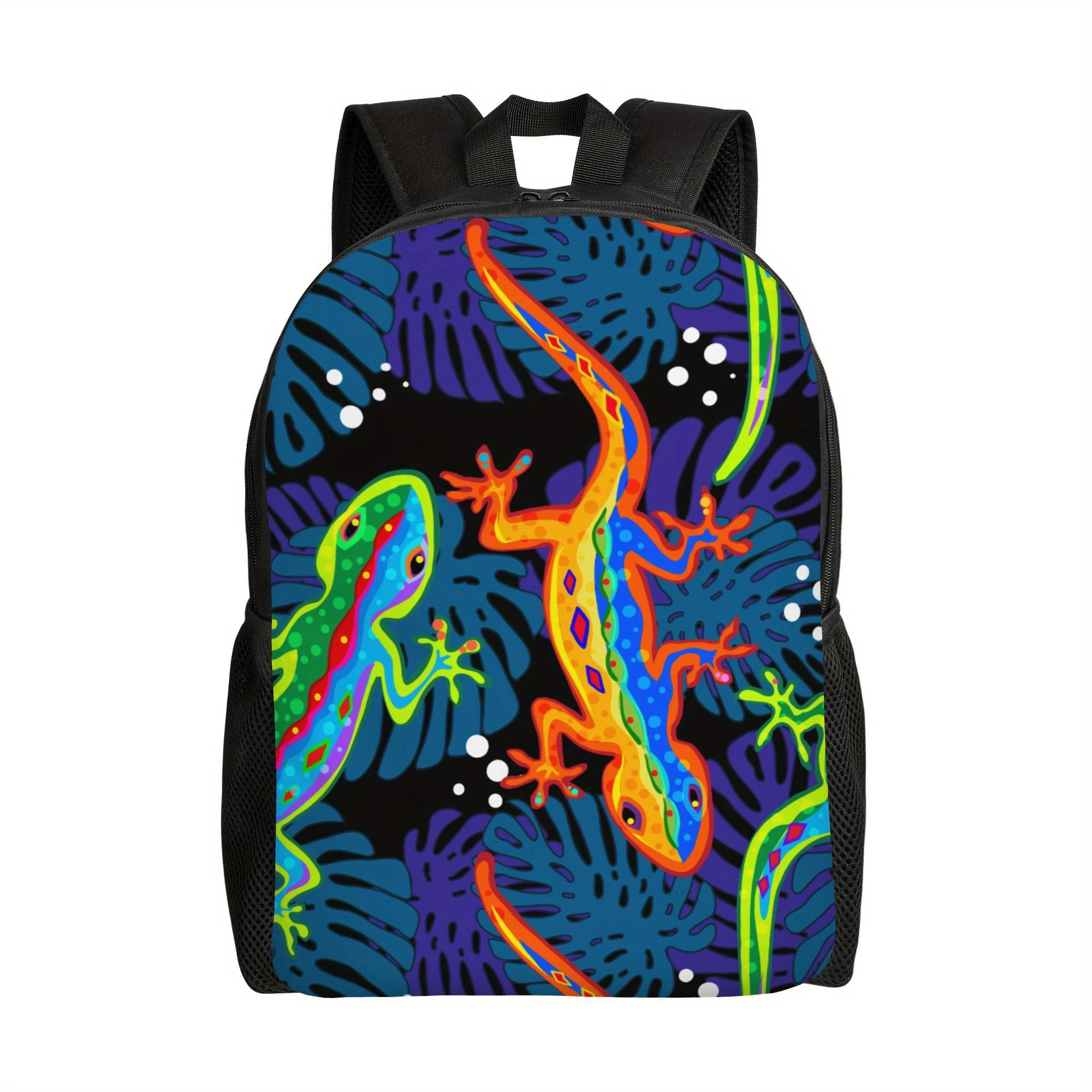 

Tropical Lizard and Leaf Backpack - Stylish black school bag, colorful reptile and leaf print, adjustable shoulder strap