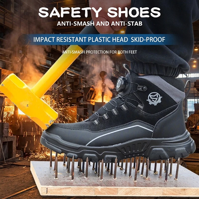Men Slip On High Top Safety Footwear Elastic Band Anti-smash Anti-puncture Steel Toe Boots For Factory Workshop，Safety shoes