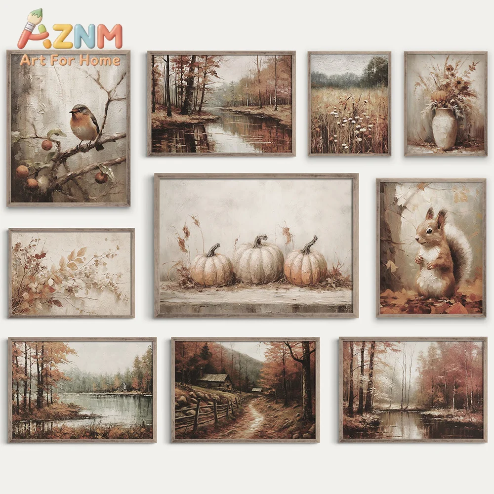 AZNM Vintage Autumn Farmhouse Canvas Wall Art Fall Forest Lake Squirrel Bird Pumpkin Scenery Rustic Oil Painting Style Unframed