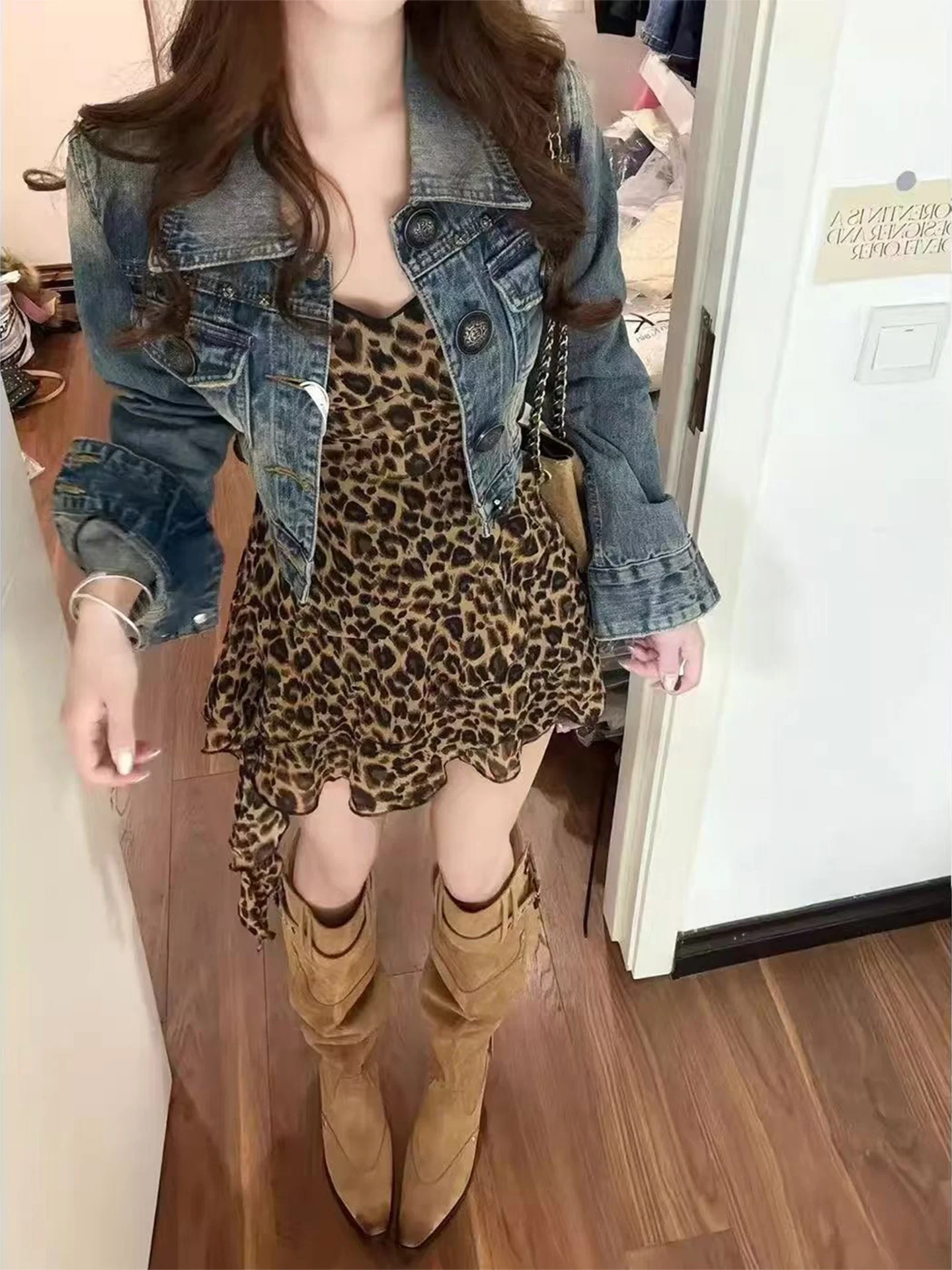 American Style Vintage Short Denim Jacket Women's Heavy Embellished Slim Fit Top Multi-Pocket Long Sleeve Straight Cut Jeans