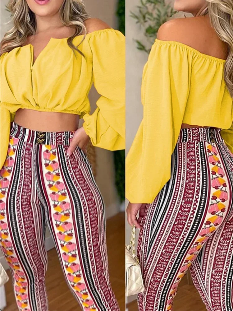 2024 summer Off Shoulder Ruched Top & Tribal Print Pants Set