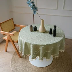 Green Round Tablecloth Striped Embroidered Table Cover Farmhouse Tassel Table Cloth for Table Kitchen Dining Room Tabletop Decor