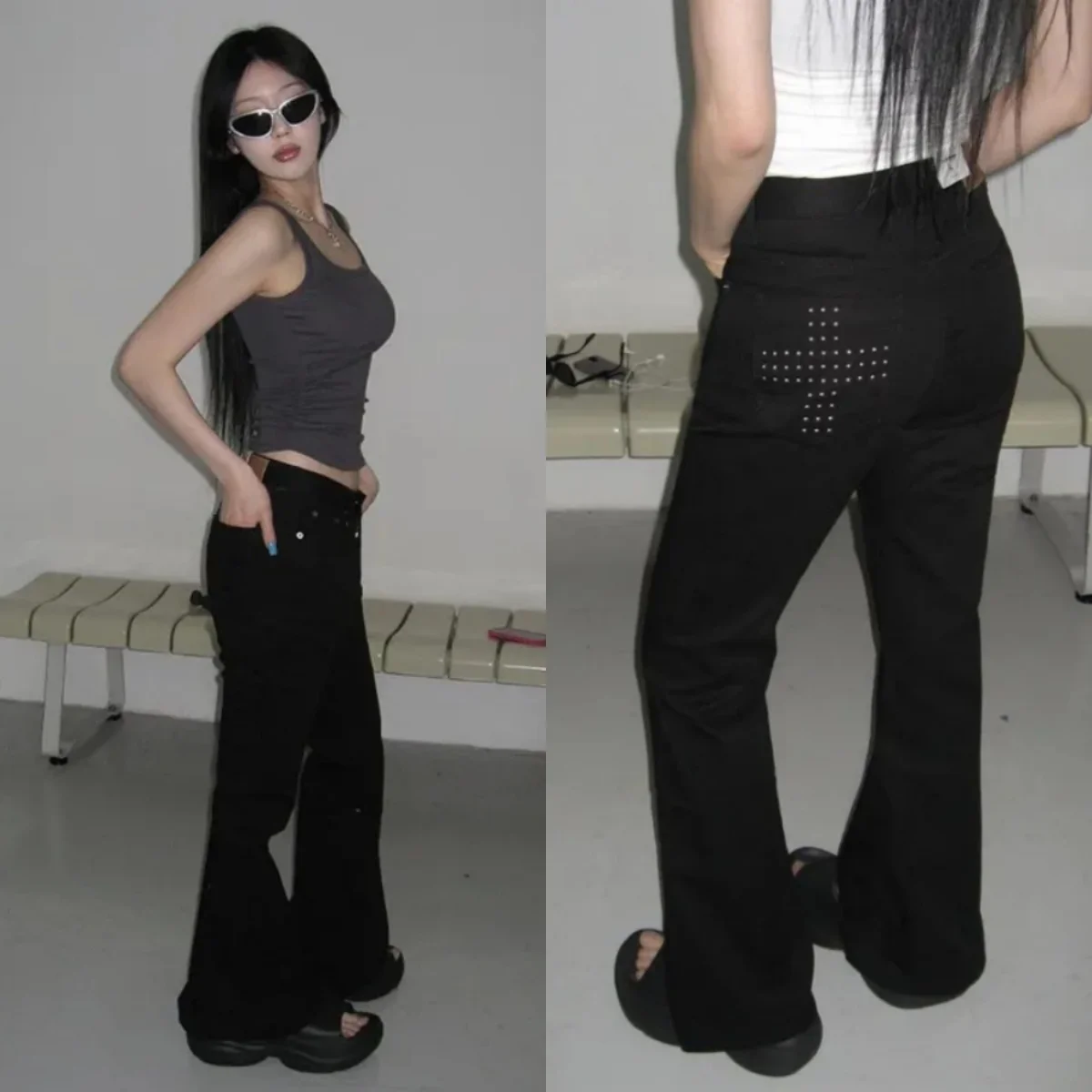Korean Style Heavy Duty Rhinestone Micro Flared Jeans Women High Waist Cross Water Diamond Slim Fit Bell Bottoms Casual Jeans