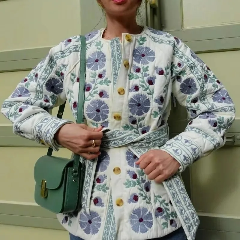 Vintage Women Floral Parka Coat Wrap Quilted Puffer Jacket Long Sleeve Streetwear Fashion Chic Outerwear Winter куртка женская