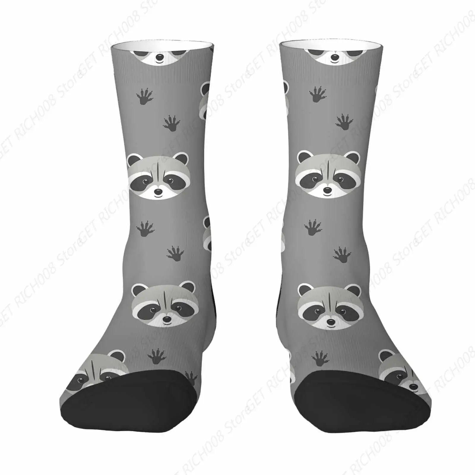 Gray Raccoon Unisex Socks Paw Print Cute Woodland Animal Funny Socks Gifts For Women Mens Novelty Crew Socks