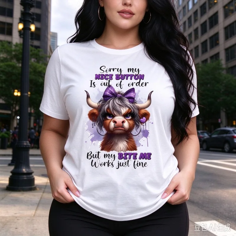 Sorry My Nice Button Is Out Of Order But My Bite Me Works Just Fine Women Funny Cow Graphic Tee Purple Bow Modal Casual Tops