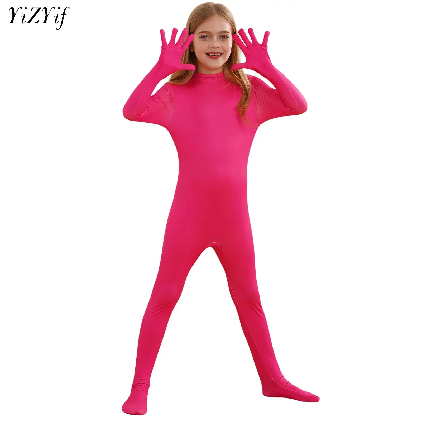 Kids Girls Dance Jumpsuit Solid Long Sleeve Full Body Leotard Fancy Color Stage Performance Bodysuit School Show Cosplay Costume