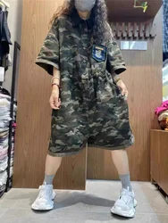 Summer Women's Overall Shorts High Waist Drawstring Collar Single Button Waist Cinching Workwear Romper High Waist Shorts