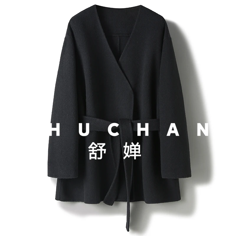 

Шарф из мериносовой шерсти с v-образным вырезом, свободный пояс, черная куртка, осенне-зимнее женское двустороннее шерстяное кашемировое пальто