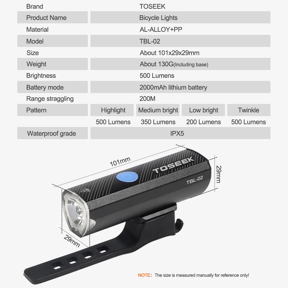 TOSEEK TBL-02 Bike Bicycle Light USB  Rechargeable Set Mountain Cycle Front Back Headlight Lamp Flashlight