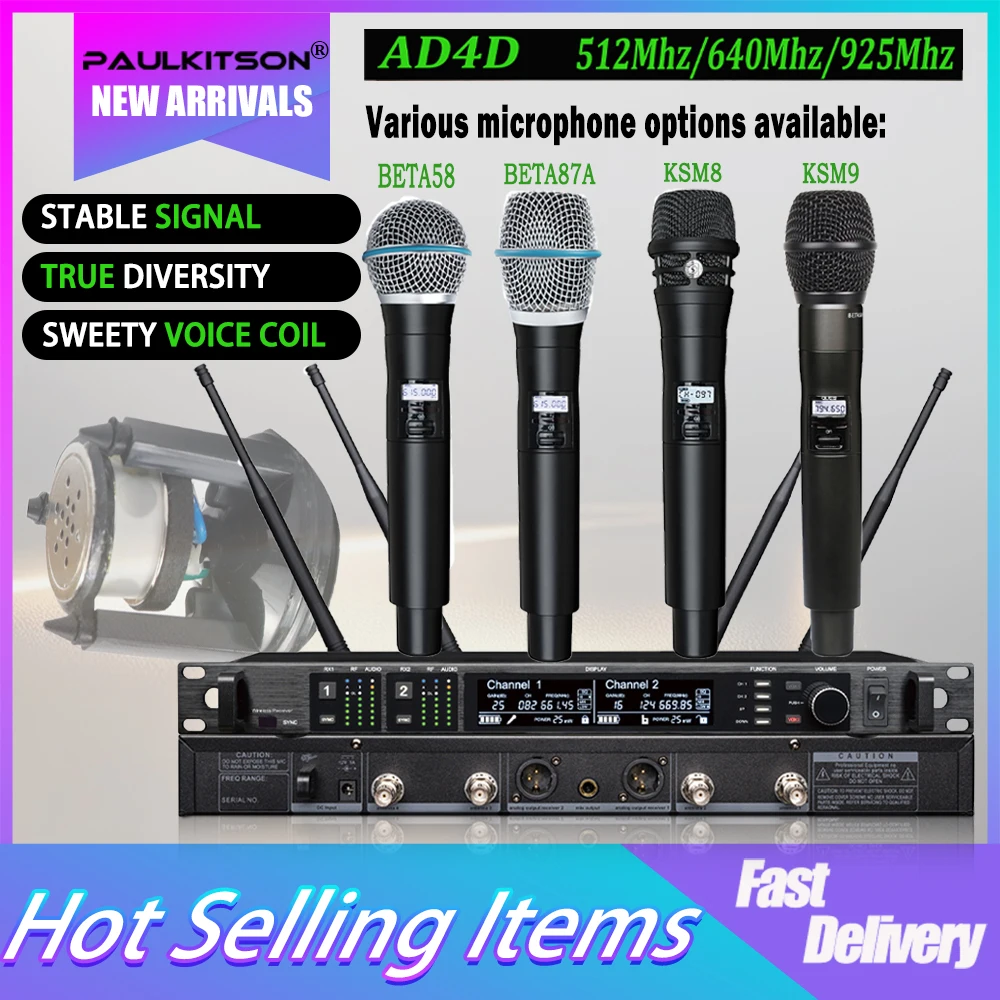

Paulkitson AD4D/beta58 900/500/600Mhz Stage Microphone Wireless System Condensor Microfone Hand Mic Lavalier Microfono Microfon