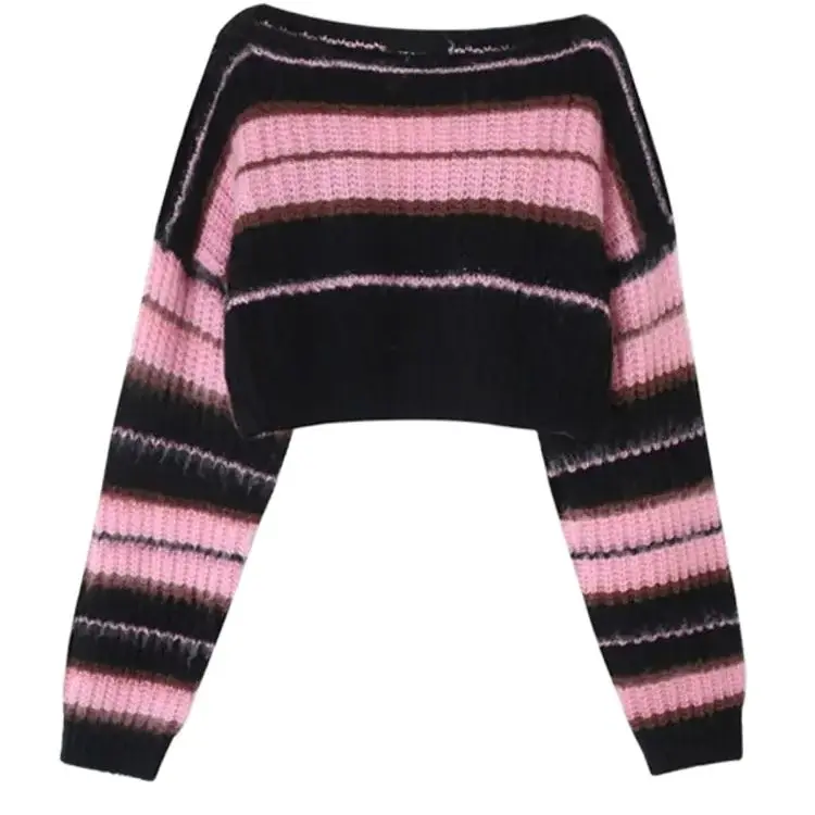 Contrast Striped Knitted Pullover Retro Sexy Autumn And Winter New Long-Sleeved Short Sweater Harajuku Special Casual Sweater