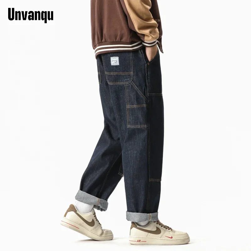 UNVANQU 2023 New Chic Harem Spring Autumn Line Streetwear Trouser Men\'s Clothing Jogger Cargo Ankle Length Denim Pants Y2K Jeans