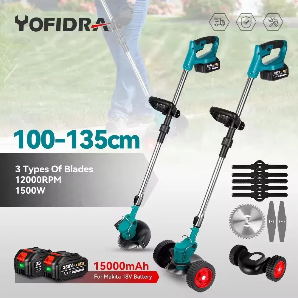 Yofidra cortador de grama elétrico dobrável eficiente portátil sem fio ferramenta elétrica poda jardim para makita 18v bateria com 2 bateria